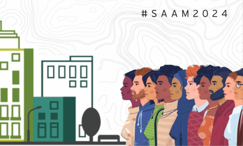 #SAAM2024 with an illustration of city buildings and profiles of a diverse group of young people.group of